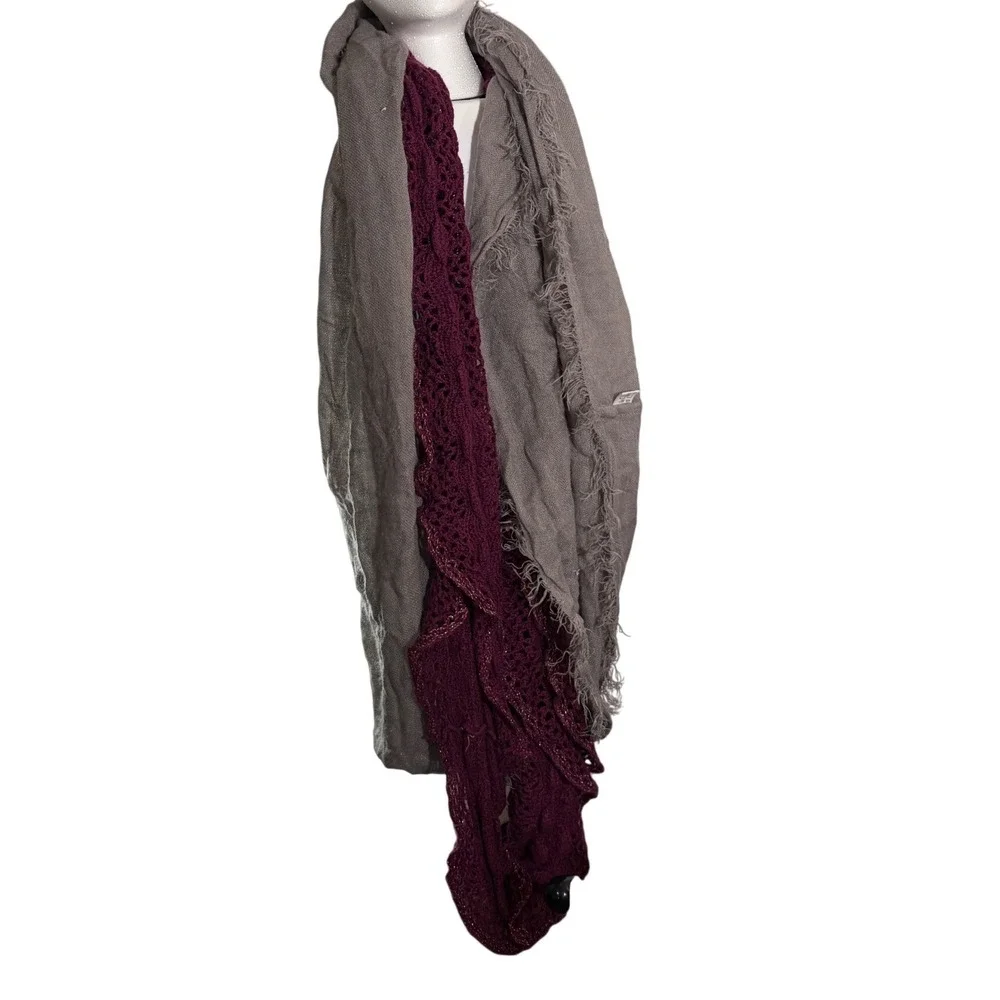 Grey and Burgundy Crochet Infinity Scarfs with Frayed Fringe and Shimmer 2scarfs
